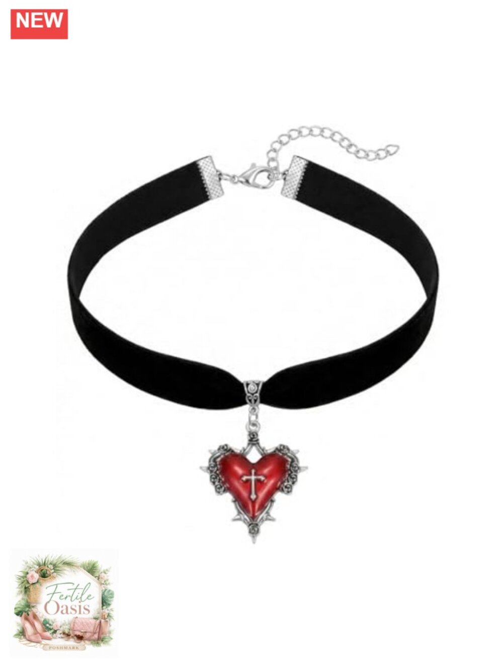Gothic Heart Cross Pendant Necklace Choker Adjustable Velvet Thorns Halloween
